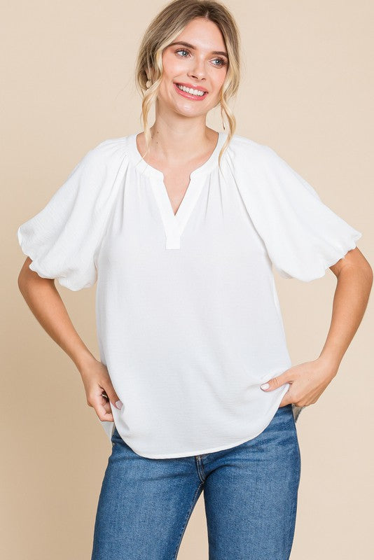 Solid Short Balloon Sleeves Top - Final Sale