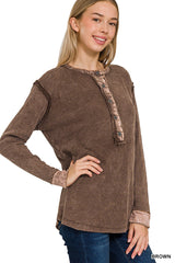 Brown Washed Baby Waffle Long Sleeve Henley Top