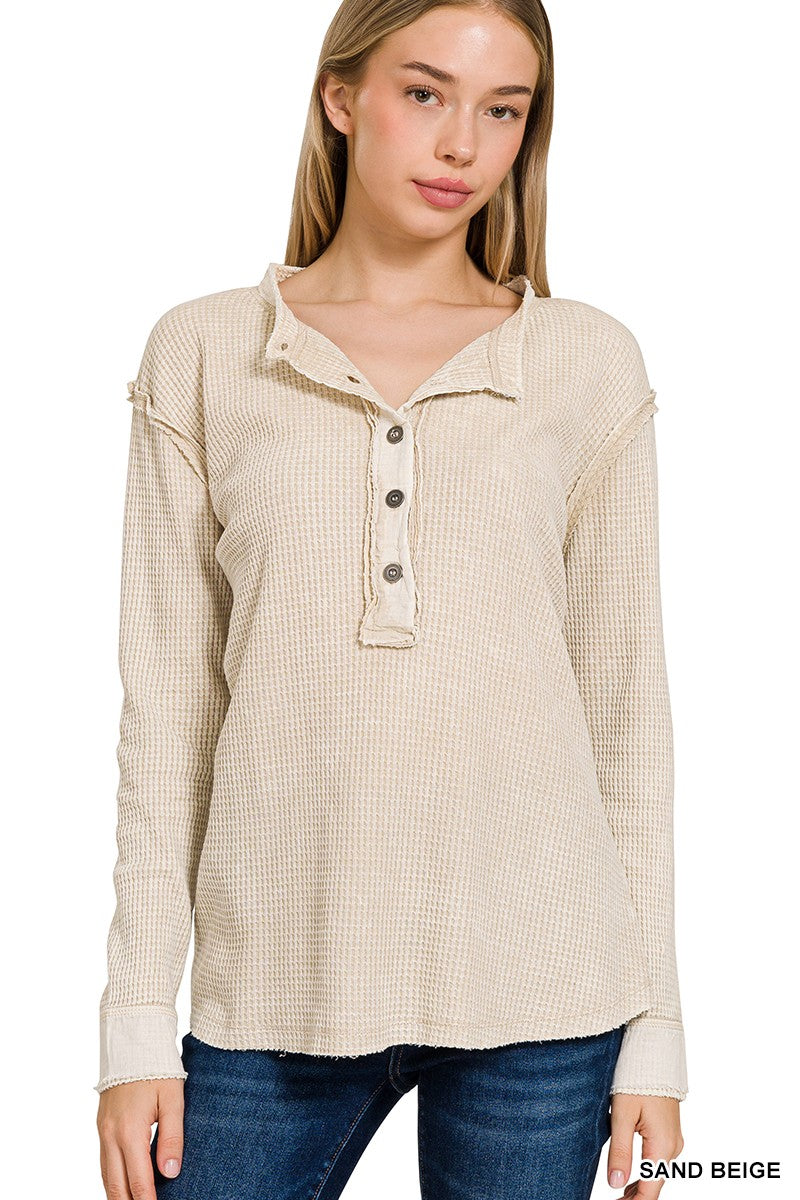 Sand Beige Washed Baby Waffle Long Sleeve Henley Top