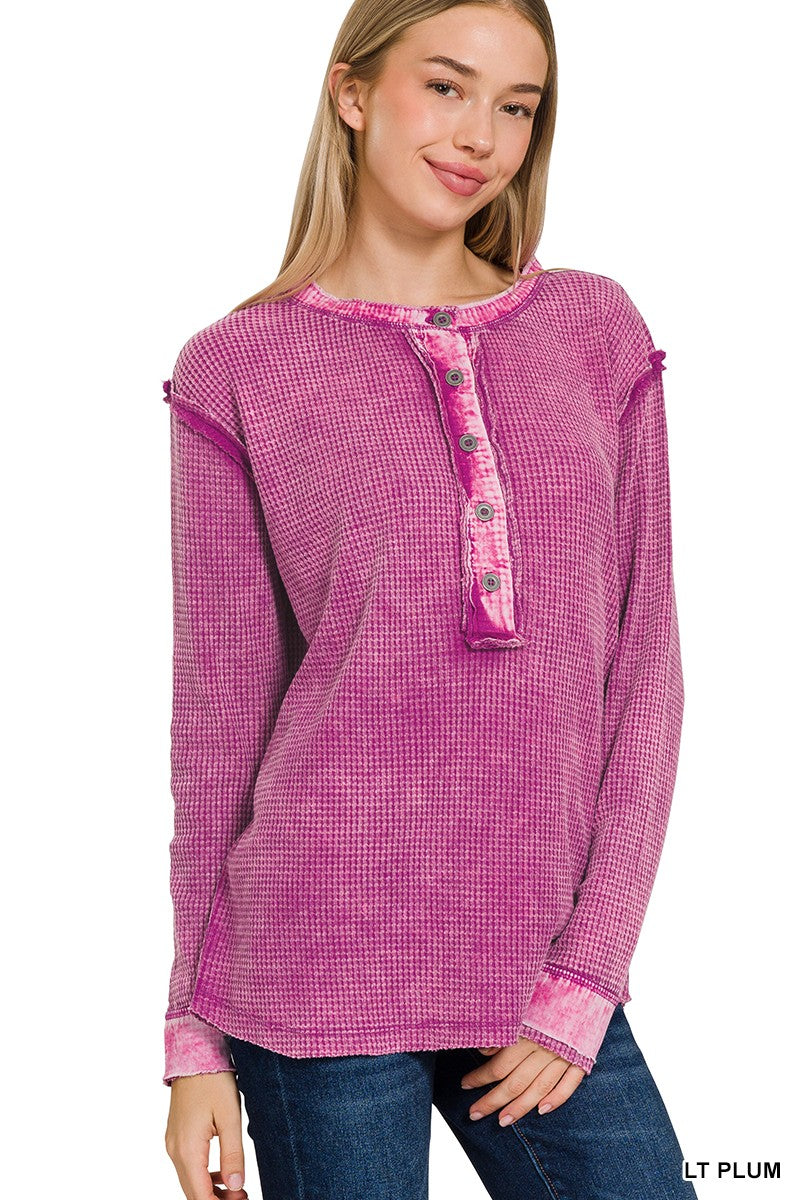 Lt Plum Washed Baby Waffle Long Sleeve Henley Top
