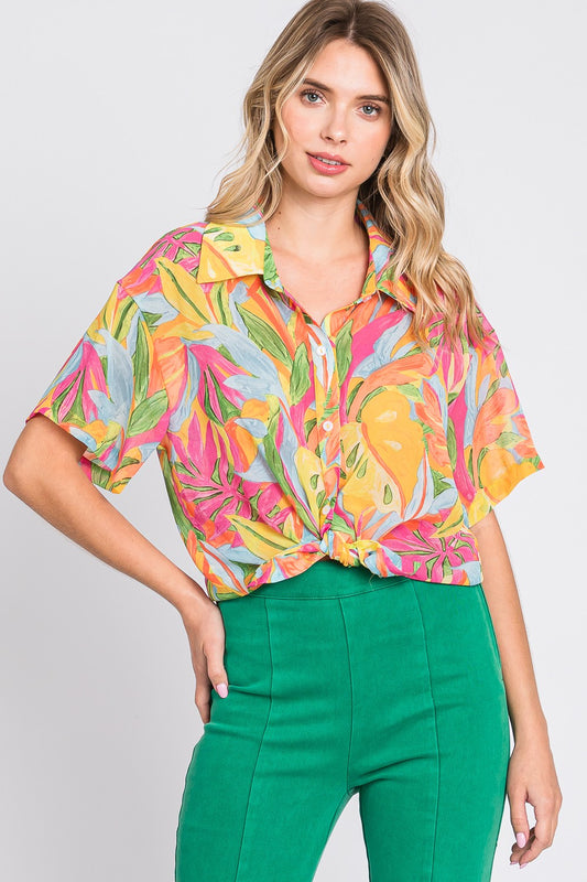 Natural Leaf Print Button Up Blouse - Final Sale