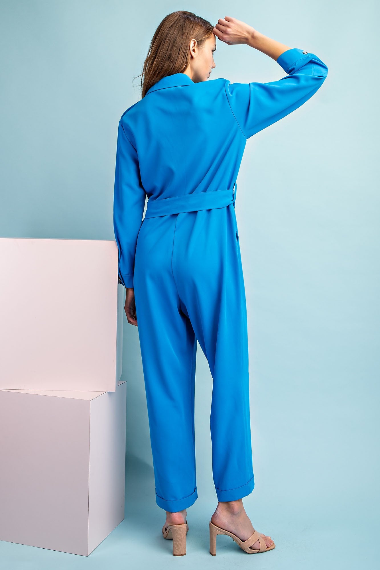 Turquoise Blue Long Sleeve Button Up Jumpsuit - Final Sale