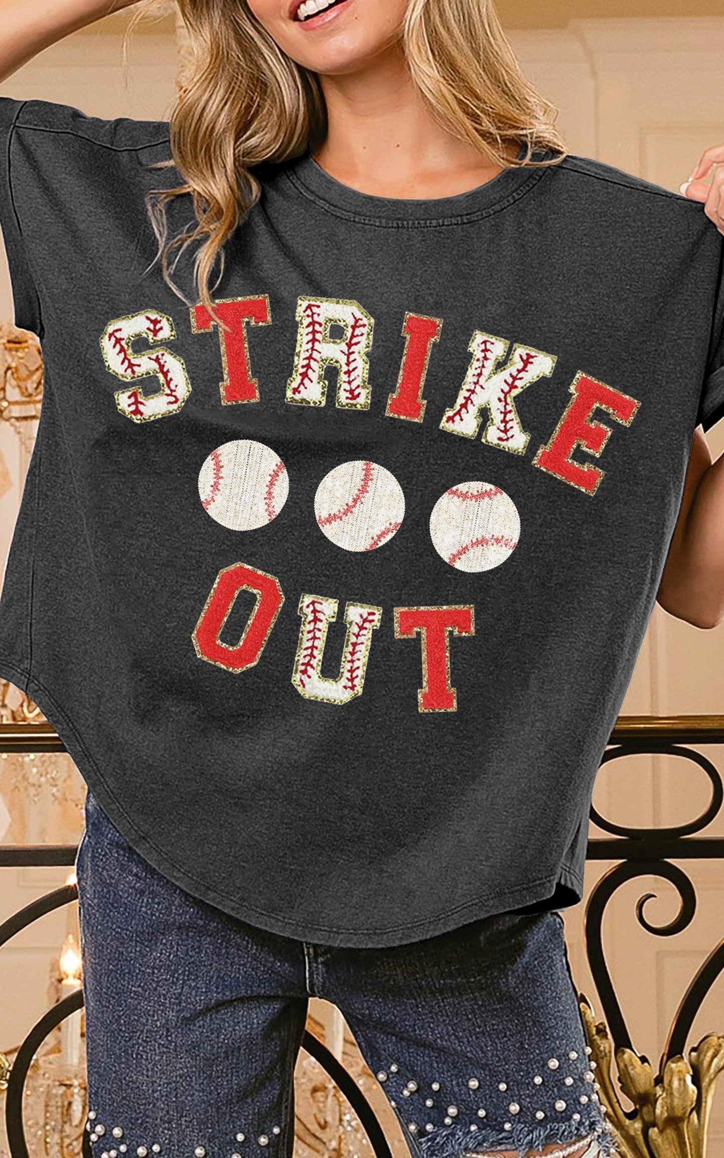 Black Strikeout Letter Patches Washed Out Short Sleeve Top  * - BiBi