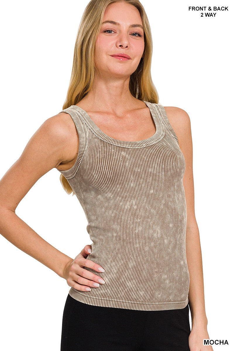 2 Way Neckline Washed Ribbed Seamless Tank Top