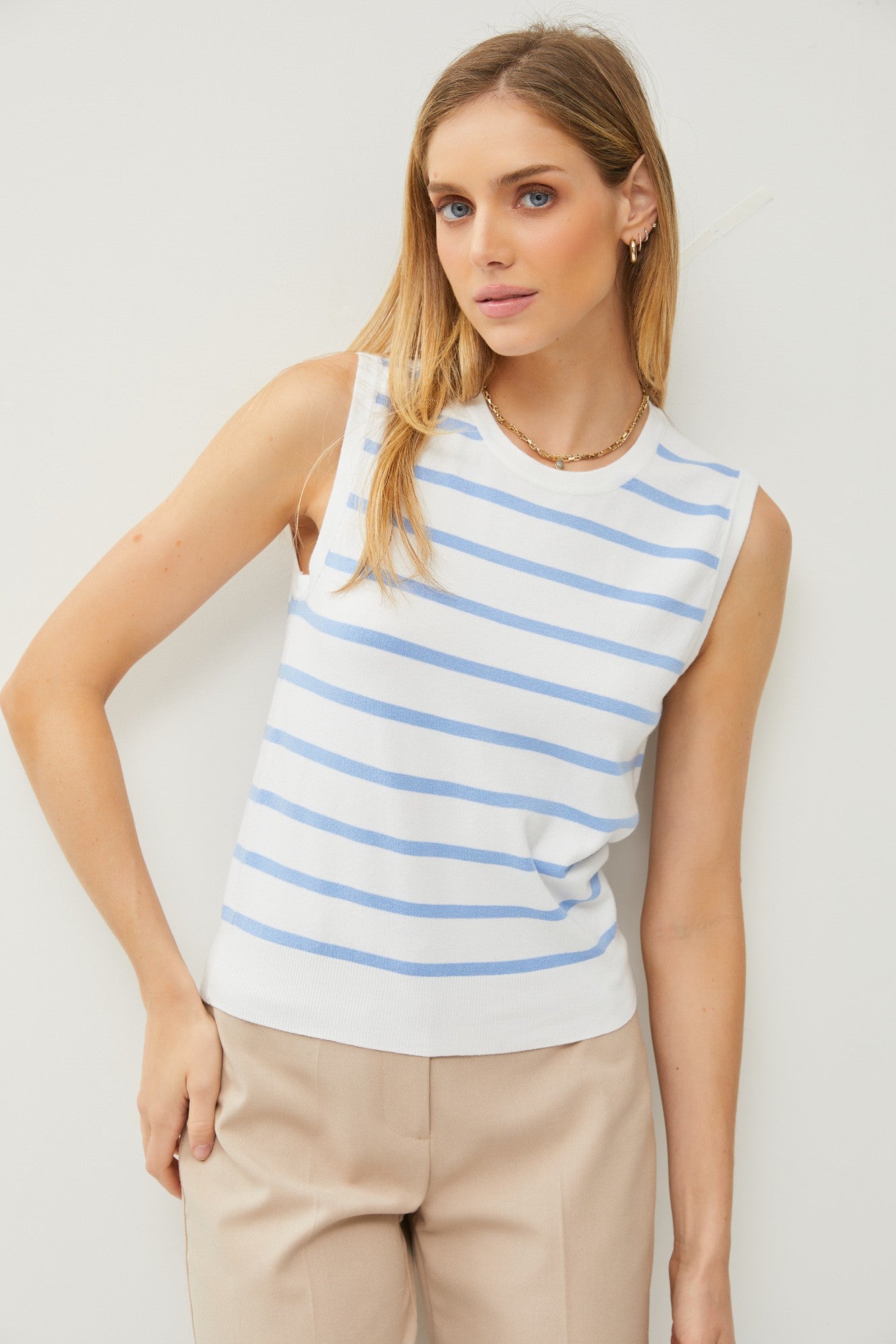 Striped Crewneck Sleeveless Sweater Top - Final Sale