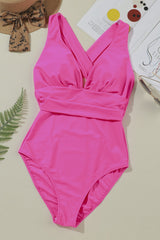 Rose V Neck Crossover Backless Ruched High Cut Swimsuit