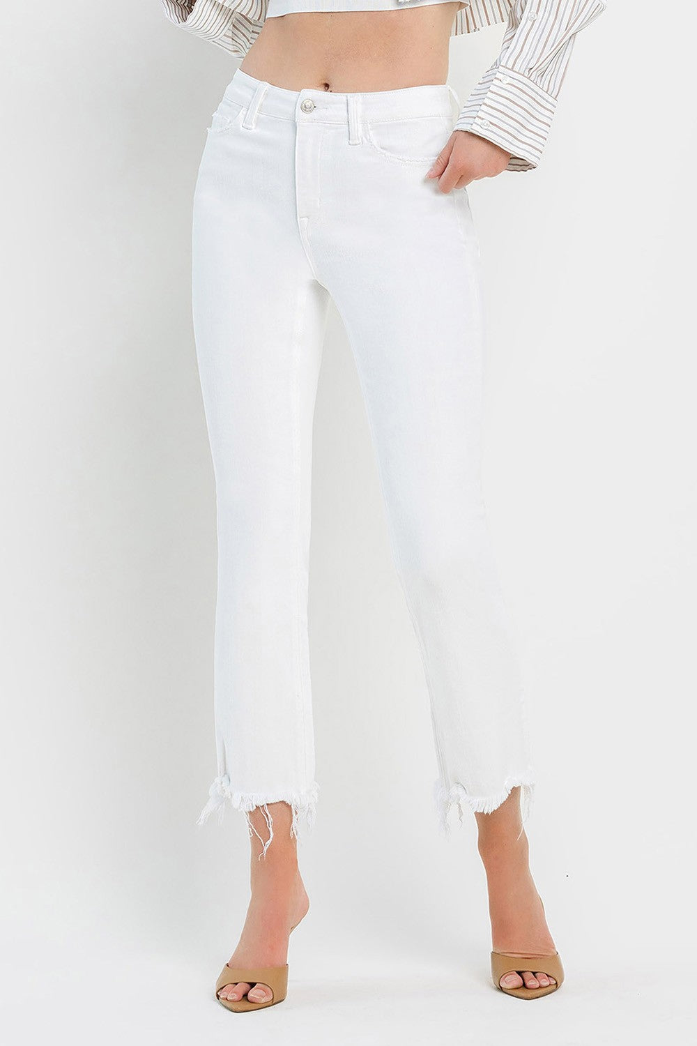 Lovervet | Optic White High Rise Uneven Hem Flare Denim Jeans - Final Sale