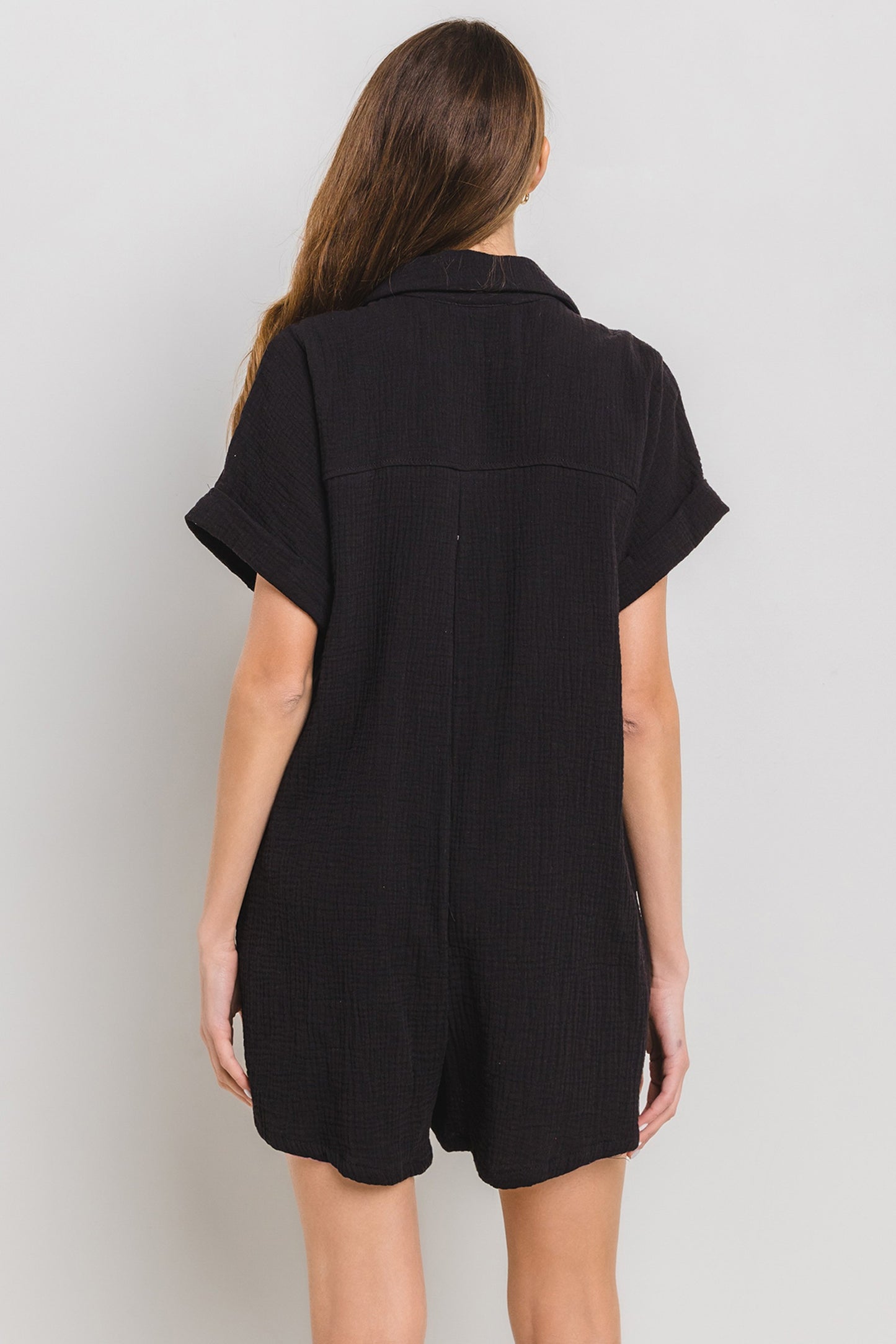 Weekend in Destin Collared Roll-Up Sleeve Gauze Romper - Final Sale