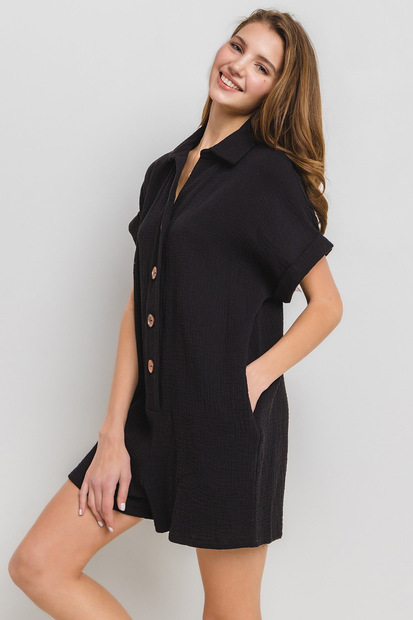 Weekend in Destin Collared Roll-Up Sleeve Gauze Romper - Final Sale