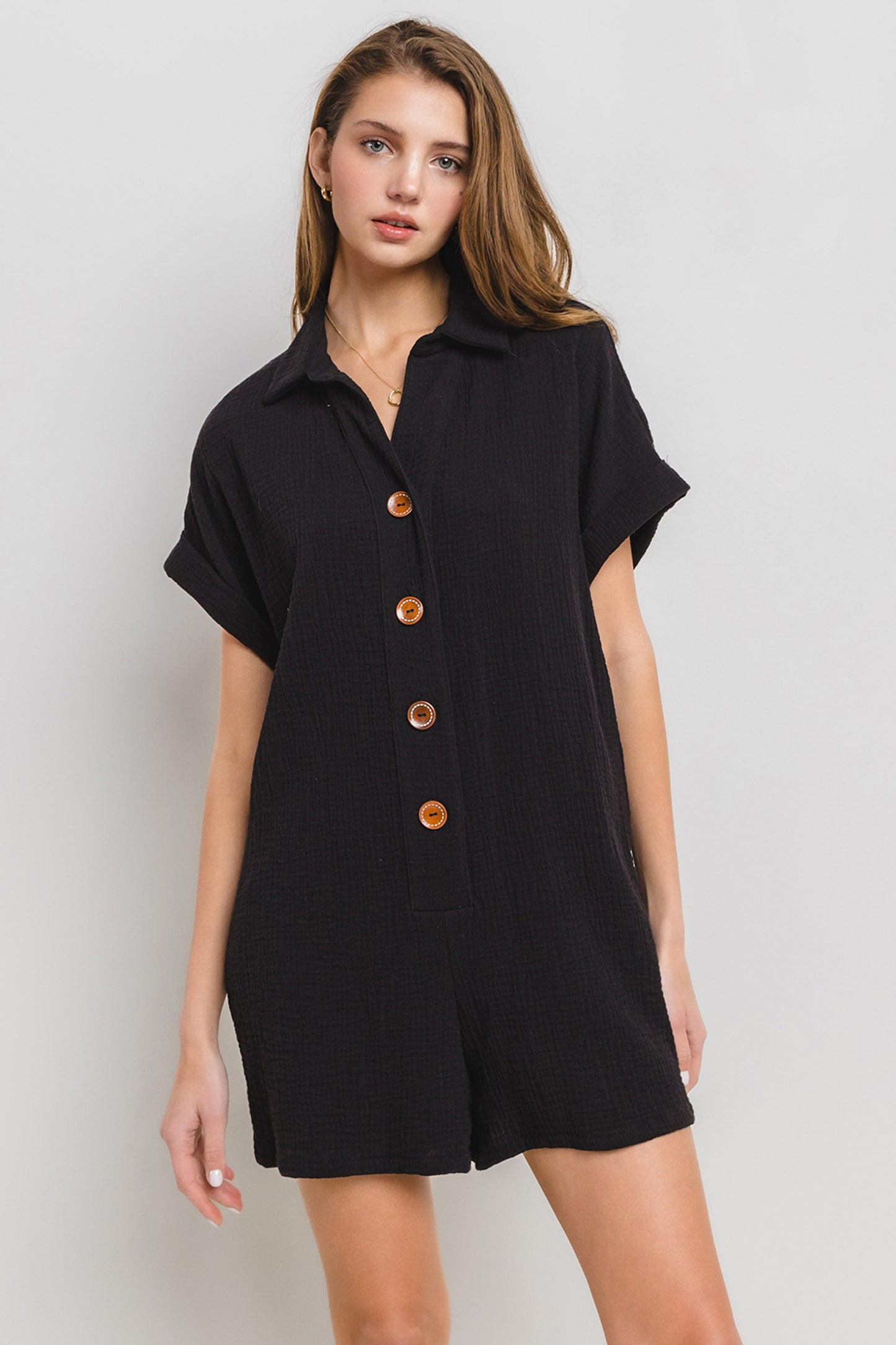 Weekend in Destin Collared Roll-Up Sleeve Gauze Romper - Final Sale