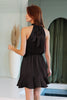 Black Hammered Satin Flare Halter Dress