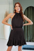 Black Hammered Satin Flare Halter Dress