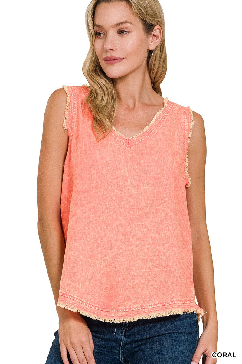 Washed Linen Frayed Edge Sleeveless Top - Final Sale