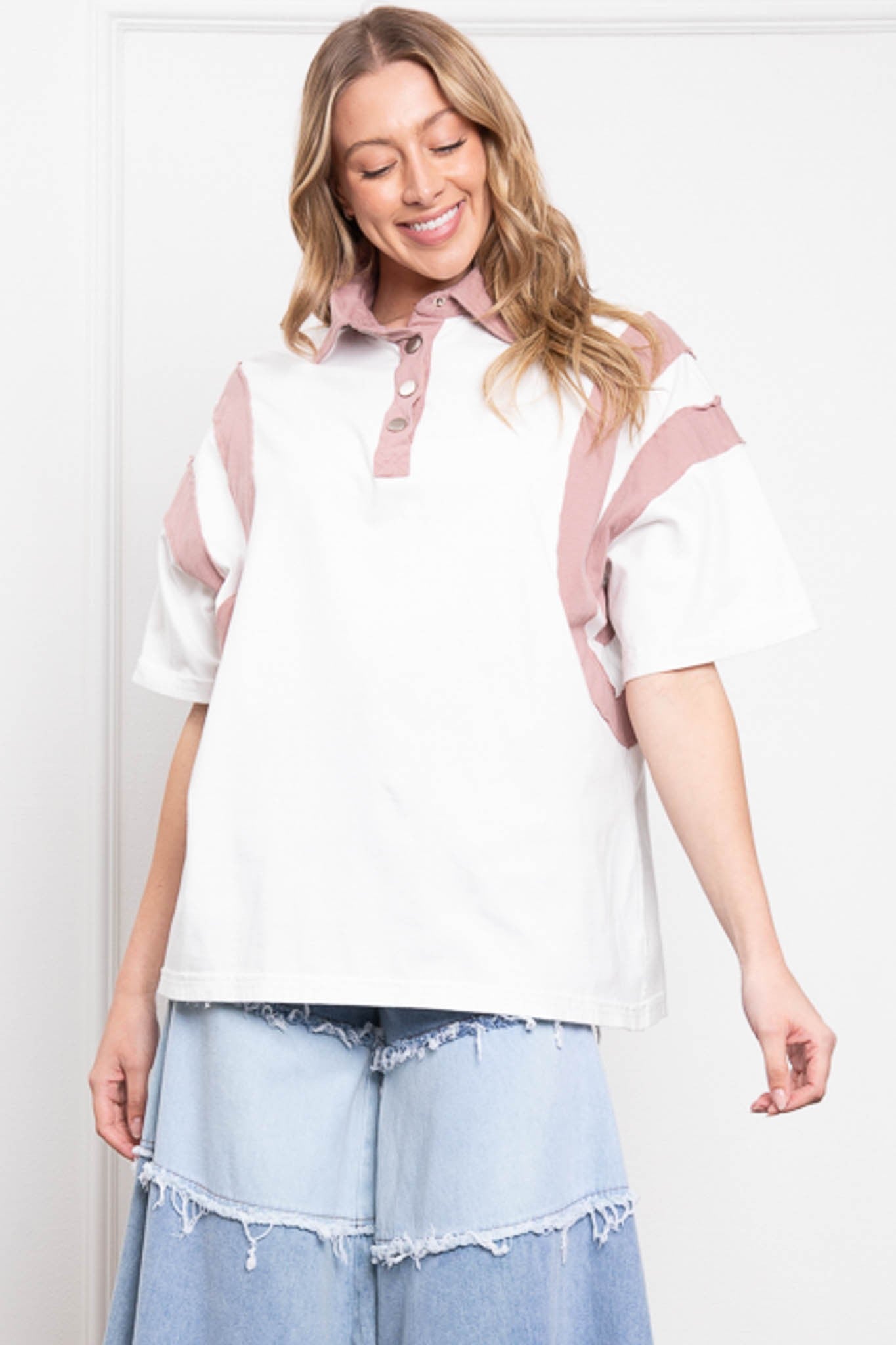 Contrast Collar Short Sleeve Color Block Shirt (2 COLORS) | BLUEVELVET *LA LIVE PREORDER 38% OFF
