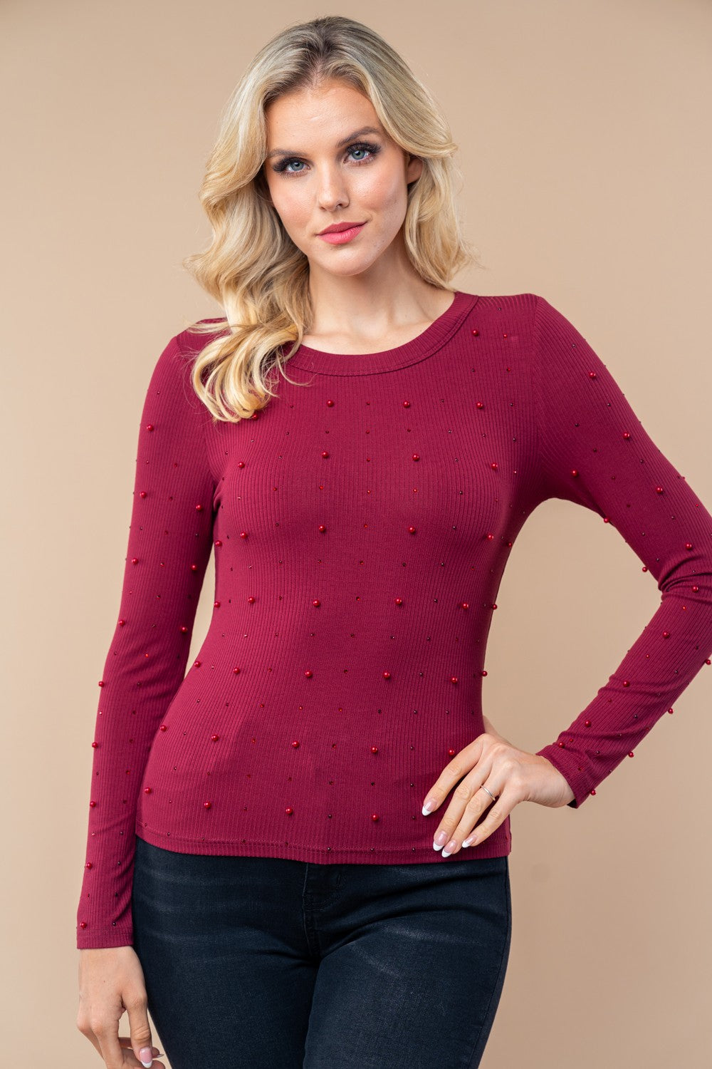 The Holiday Pearl Long Sleeve Solid Knit Top