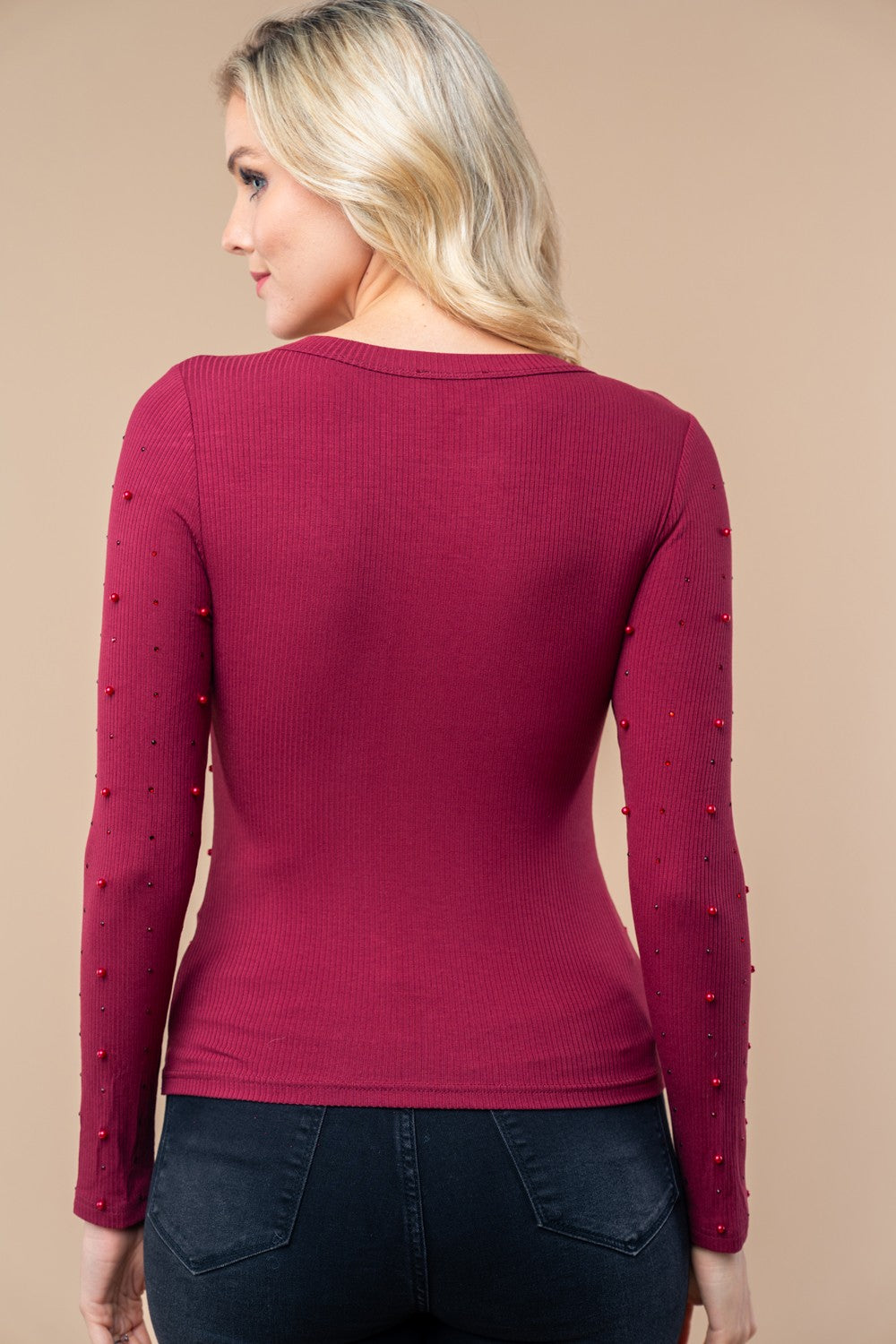 The Holiday Pearl Long Sleeve Solid Knit Top