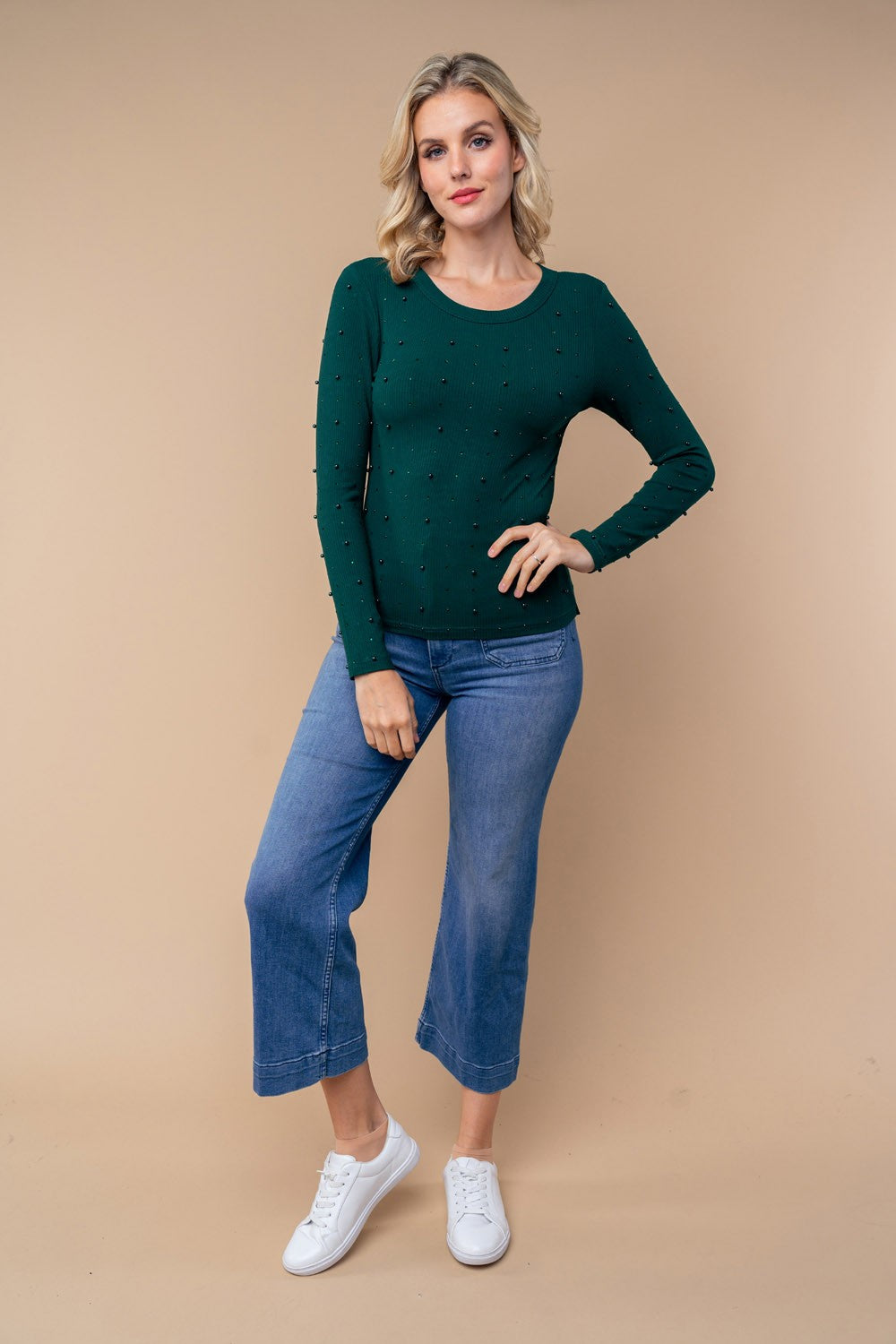 The Holiday Pearl Long Sleeve Solid Knit Top