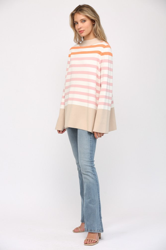 Stripe Mock Neck Bell Sleeve Pullover *PREORDER ITEM*