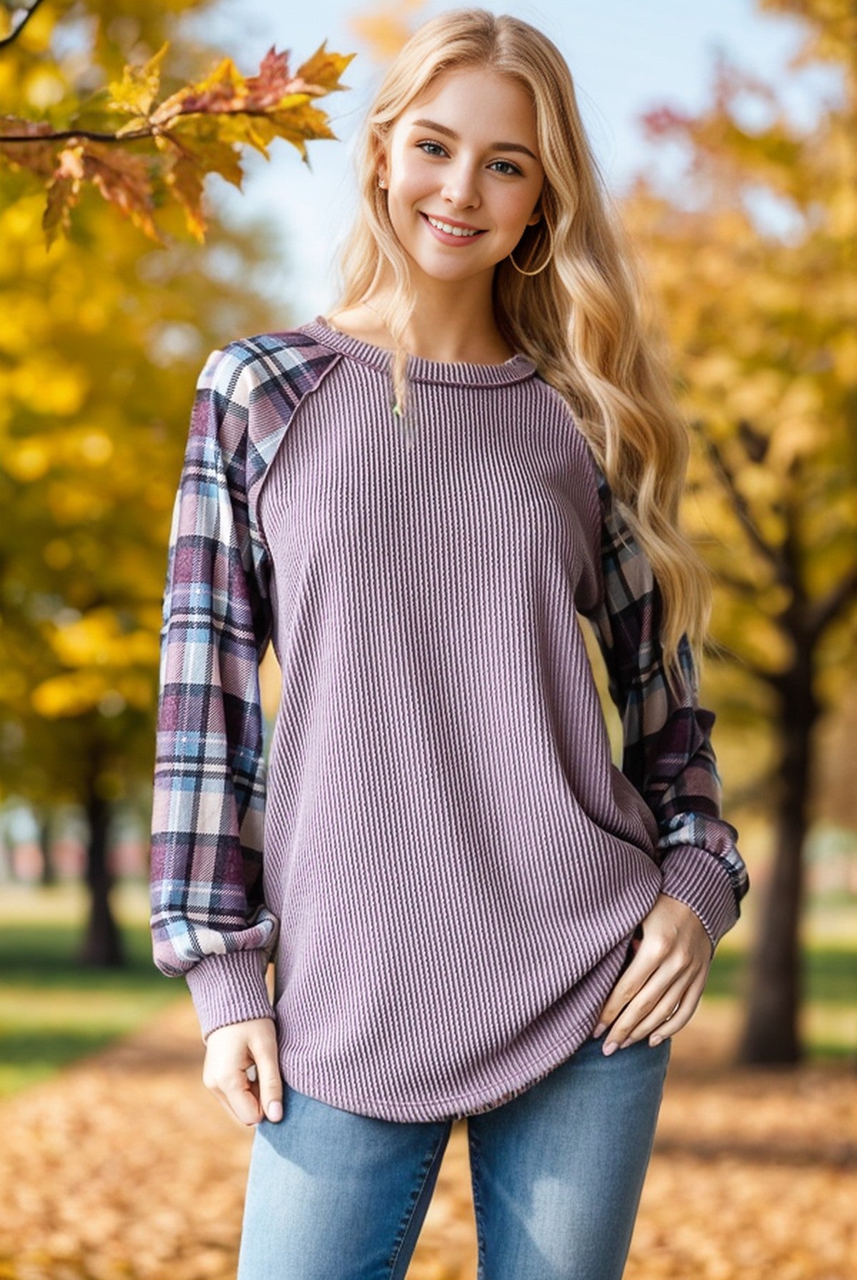 Dusty Lavender Plaid Solid Ribbed Top   * LAS VEGAS LIVE PREORDER