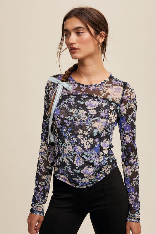 Black Floral Print Mesh Fitted Long Sleeve Top - Final Sale