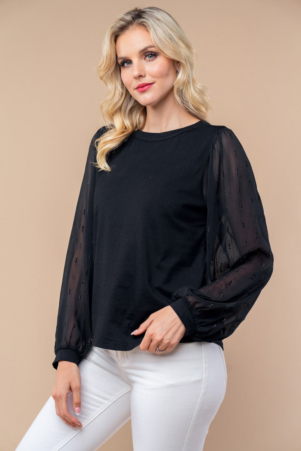 Black Sheer Long Sleeve Knit Top