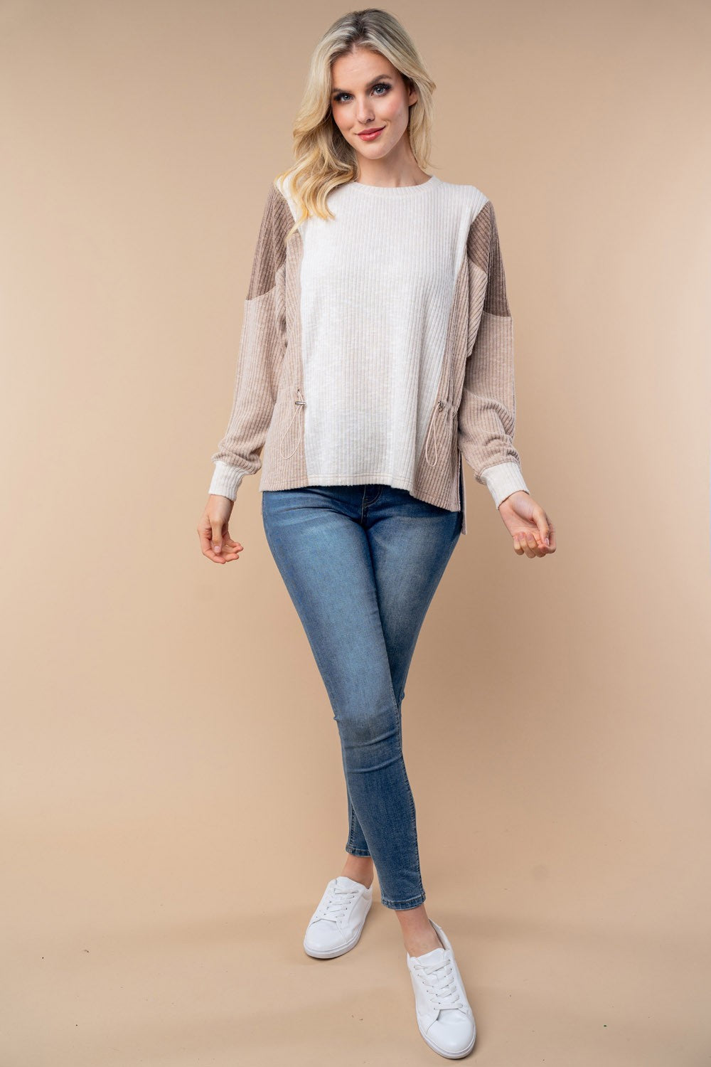 Corded Colorblock Knit Long Sleeve Top