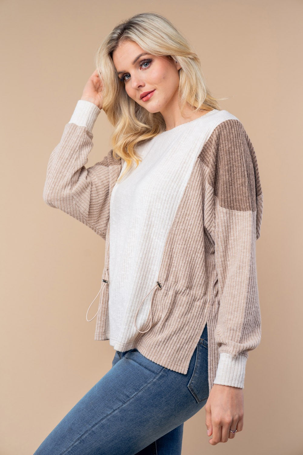 Corded Colorblock Knit Long Sleeve Top