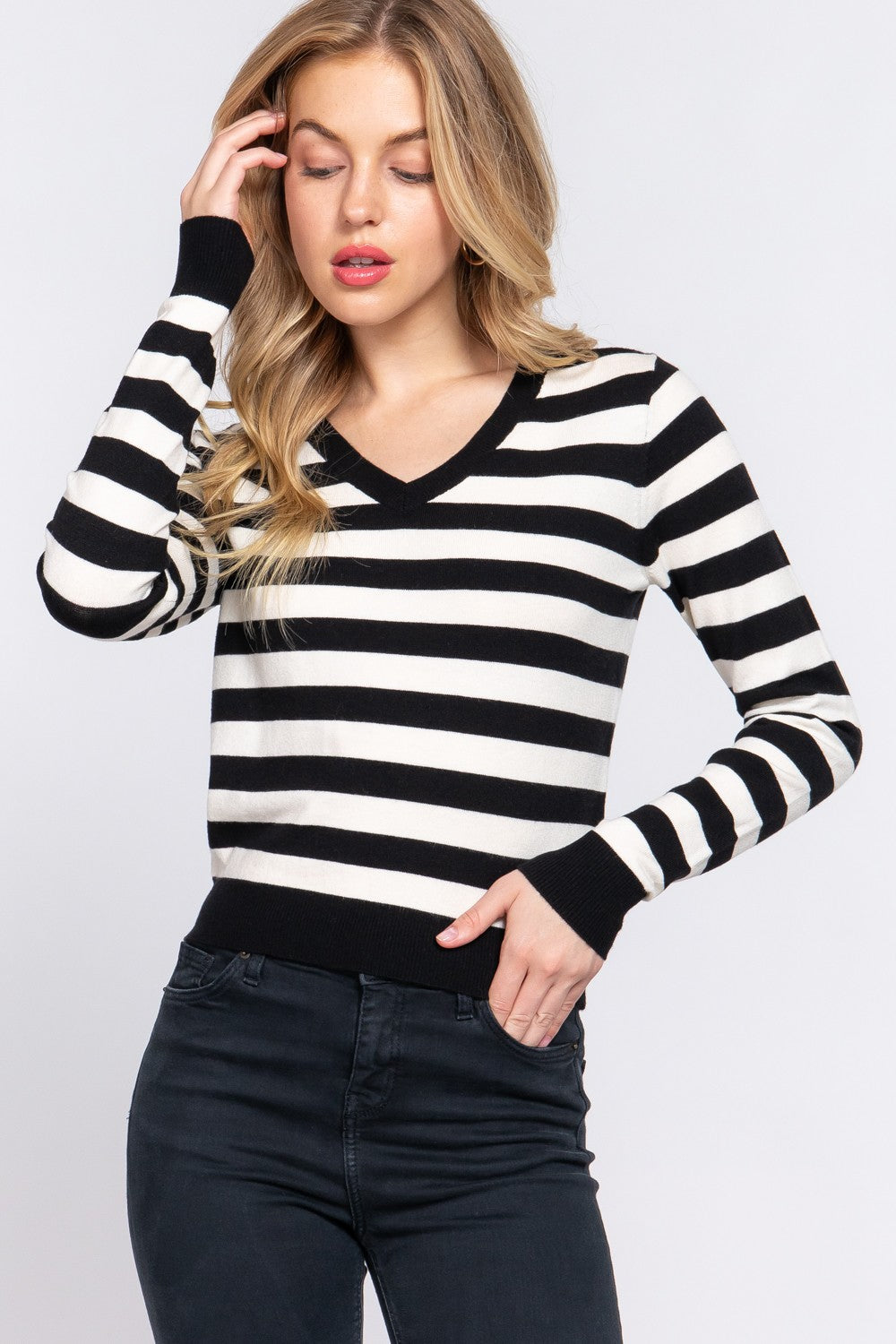 Black Striped V-Neck Sweater - Final Sale