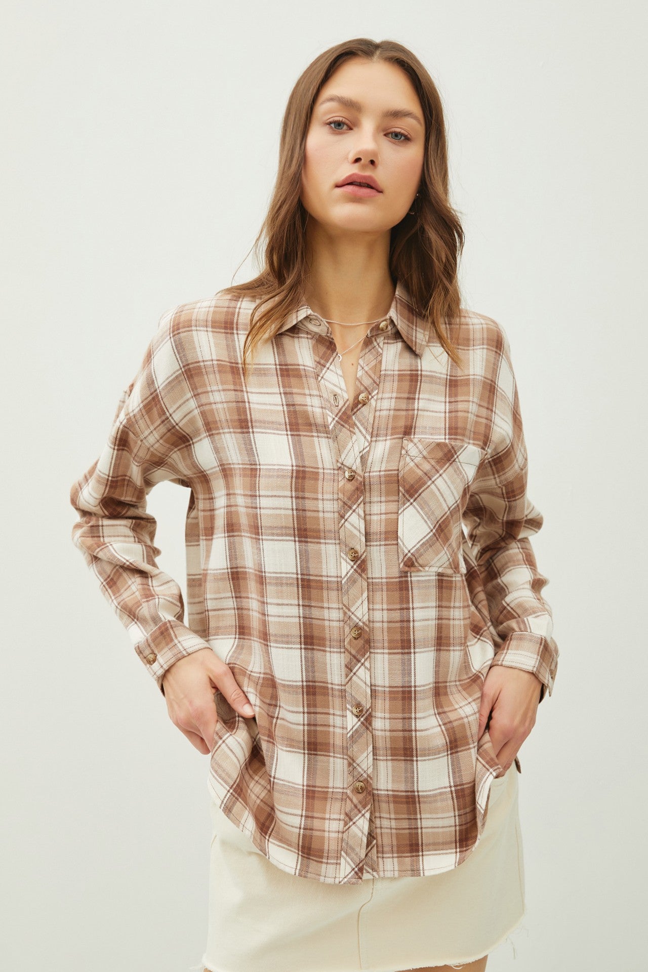 Mocha Plaid Flannel Button Up Shirt