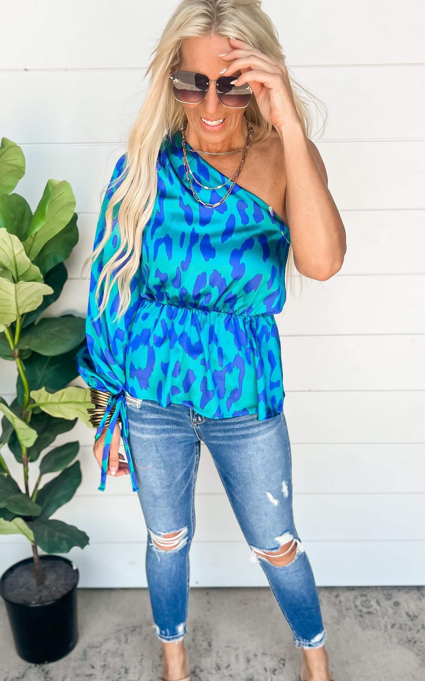 Vibrant Leopard One Sleeve Peplum Top - Final Sale