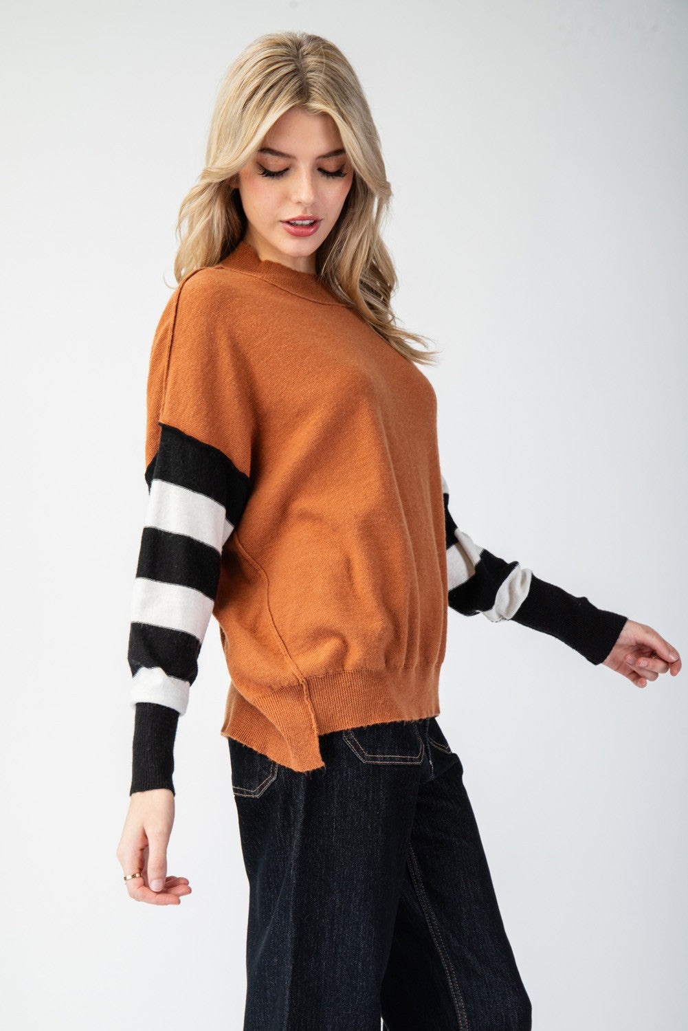 August Mornings Stripe Sleeve Mock Neck Sweater Top