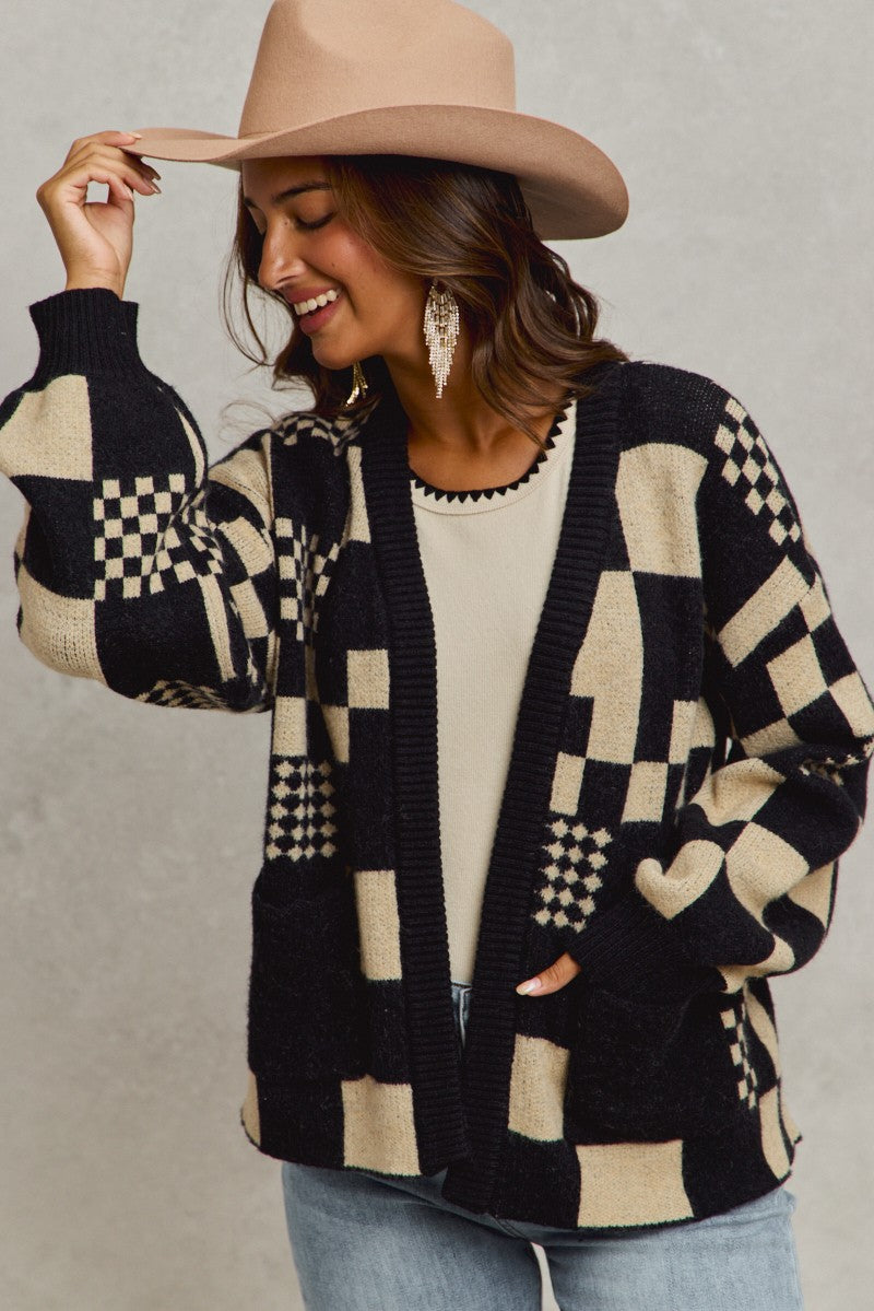 Black Checkered Open Front Cardigan With Pockets