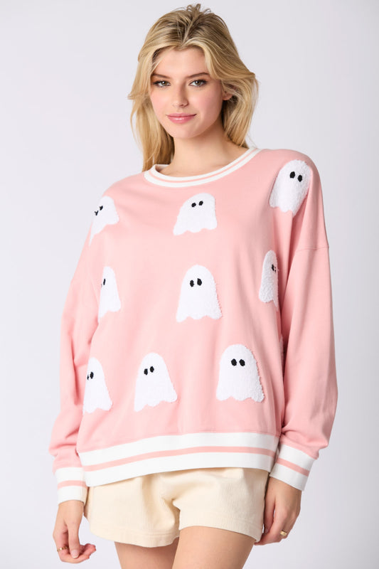 Boo Towel Embroidery Stripe Rib Band Sweatshirt | PEACH LOVE *NASHVILLE LIVE PREORDER