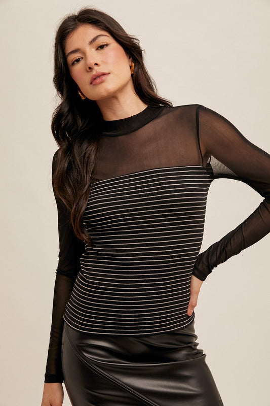 Black Mesh Contrast Stripe Ribbed Top