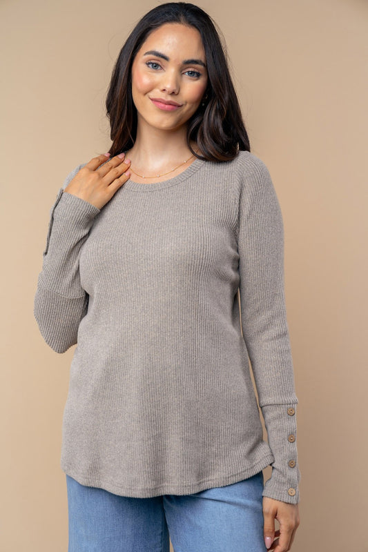 Black Button Long Sleeve Ribbed Top