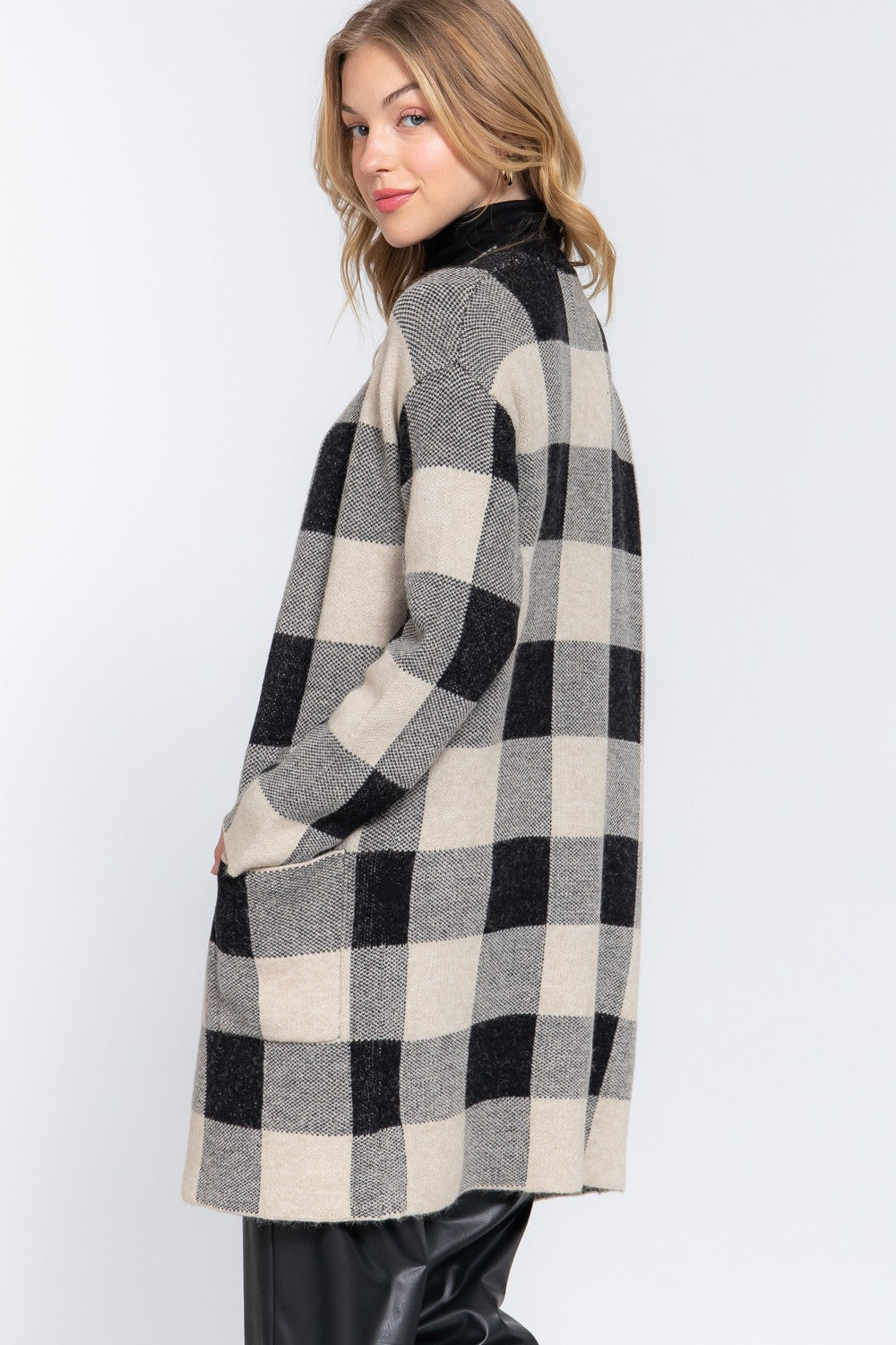 Black Oatmeal Checked Long Cardigan