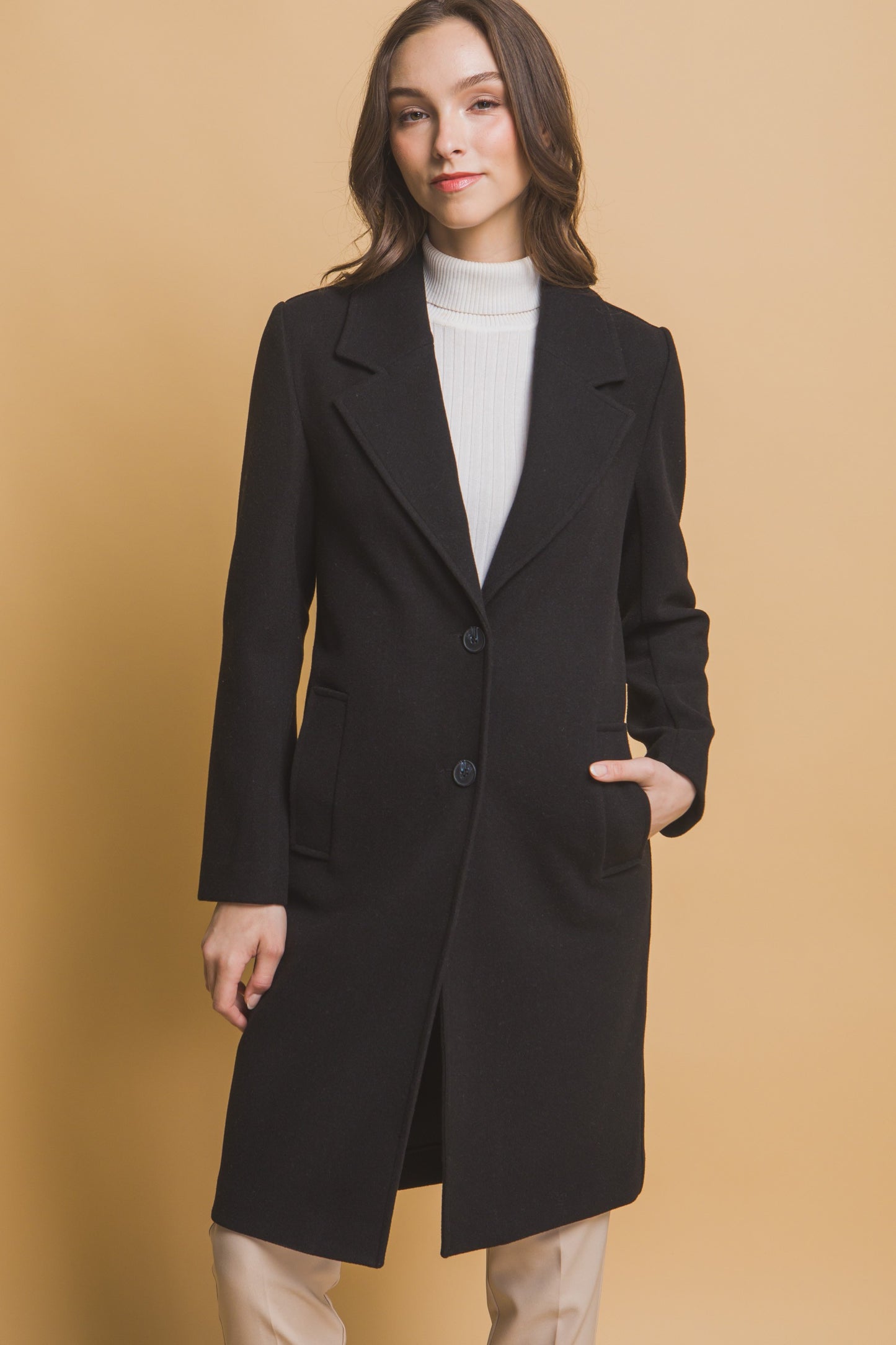 Notched Lapel Long Sleeve Buttoned Coat