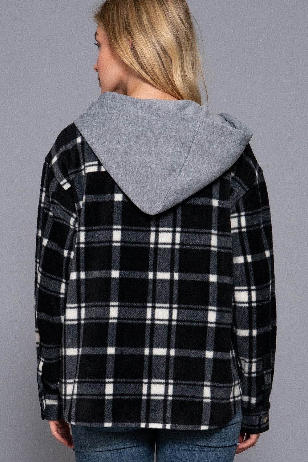 Black Plaid Print Hoodie Fleece Shacket