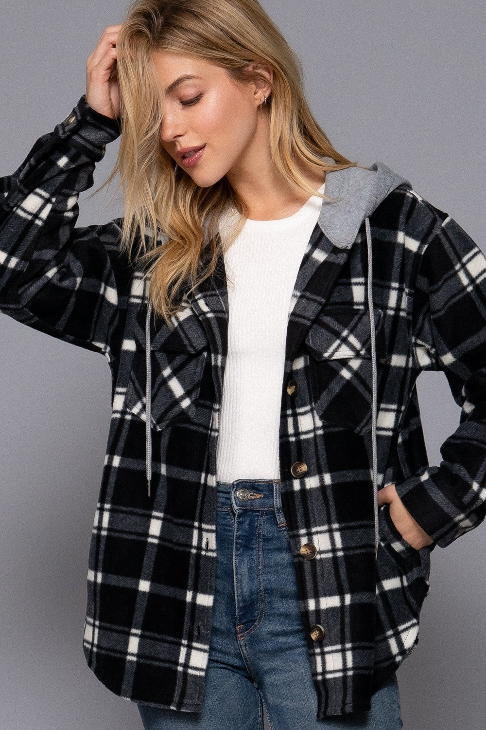 Black Plaid Print Hoodie Fleece Shacket