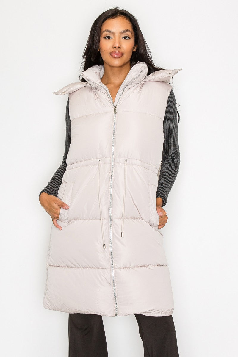 Zip-Up Puffer Hoodie Drawstring Vest Jacket