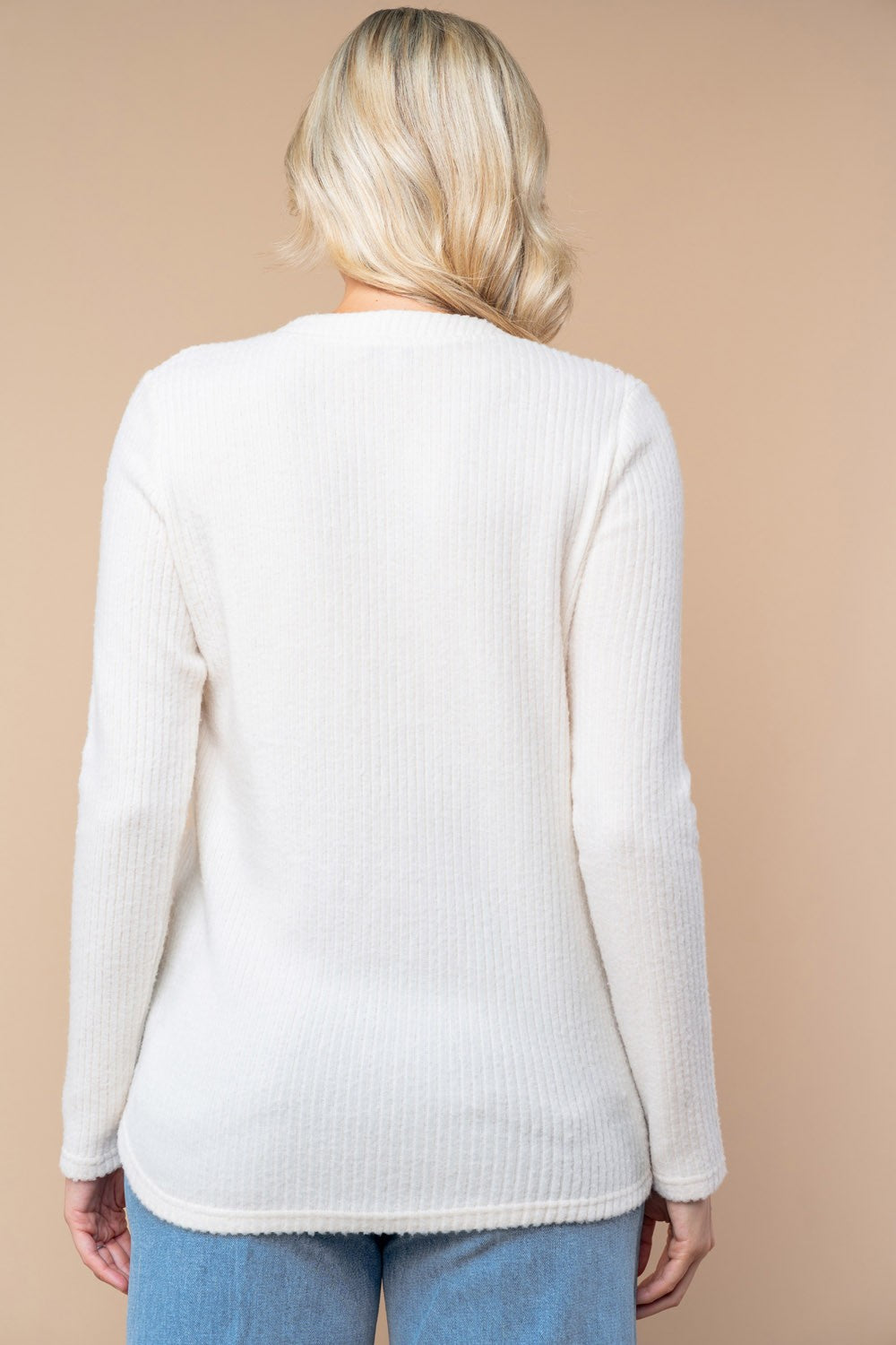 Ivory Half Button Up Long Sleeve Knit Top