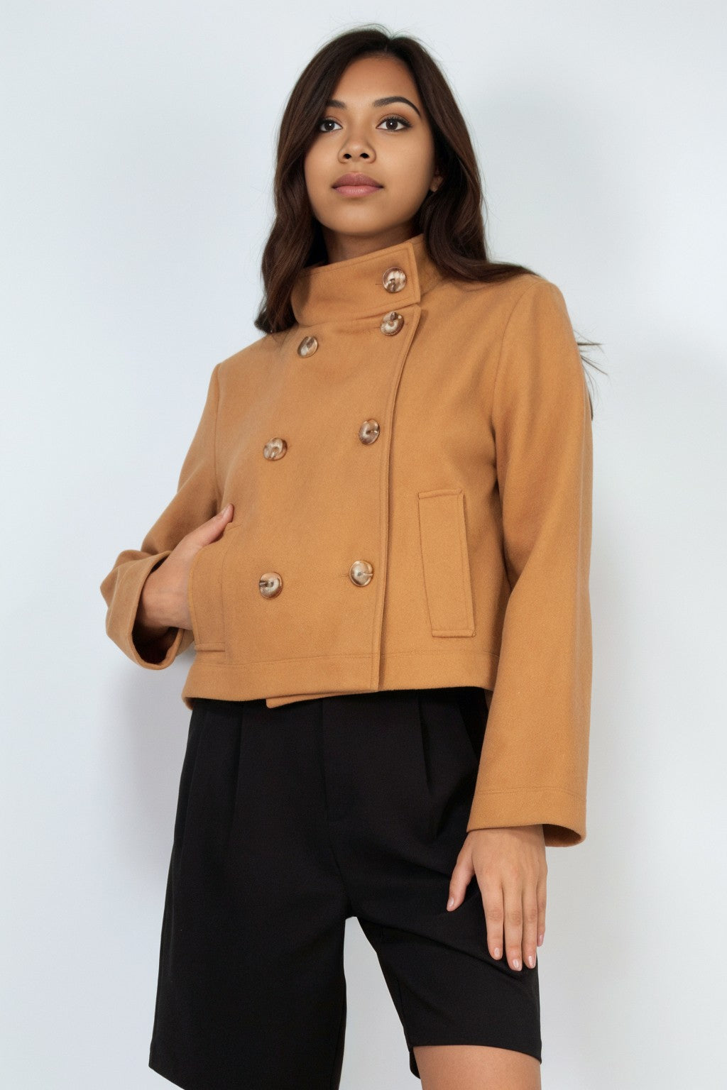 Double-Breasted Solid Crop Coat