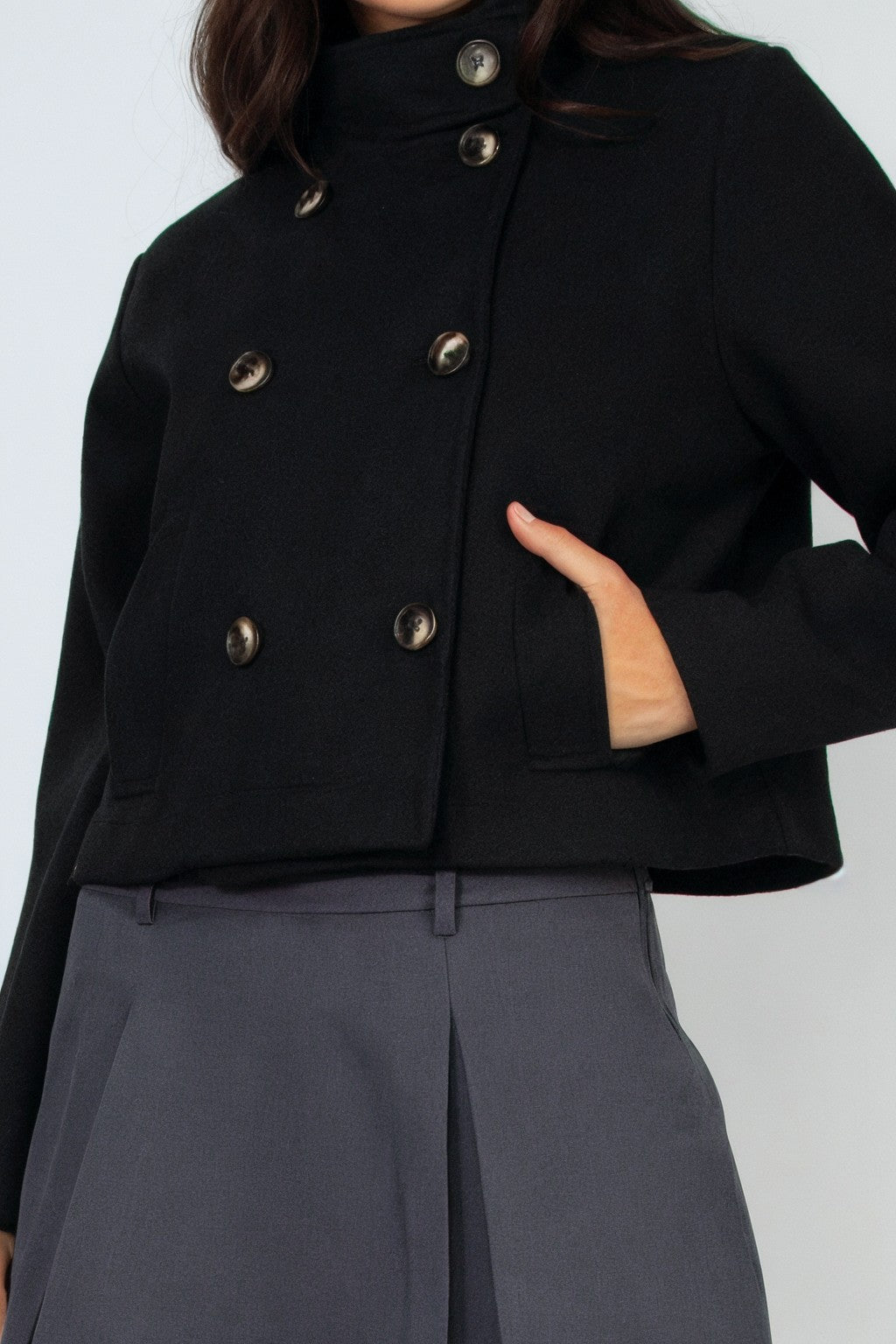 Double-Breasted Solid Crop Coat