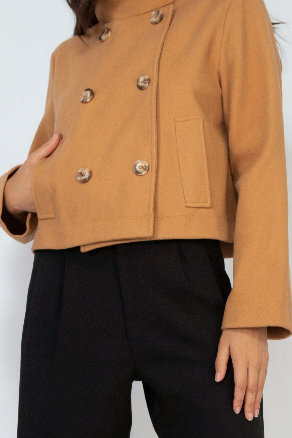 Double-Breasted Solid Crop Coat