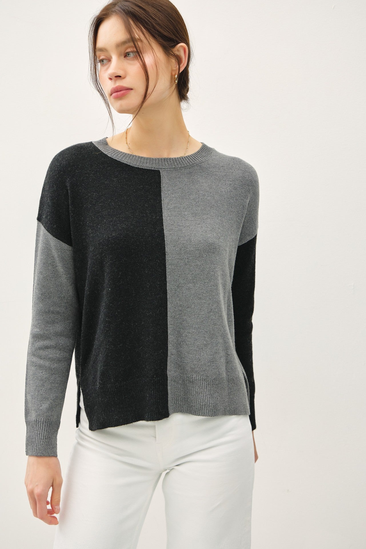 Color Block Basic Round Neck Sweater