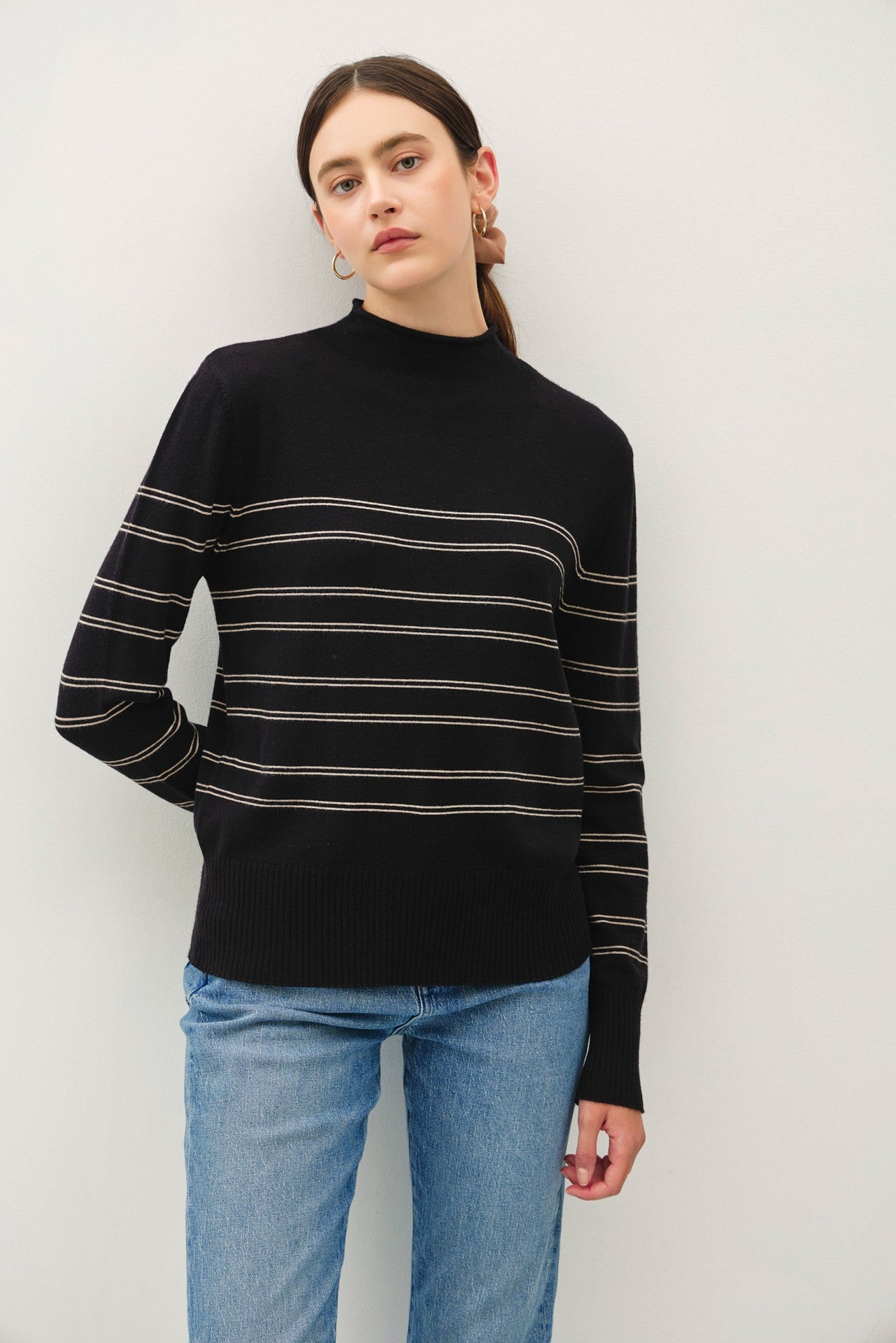 Black Thin Double Stripe Mock Neck Sweater