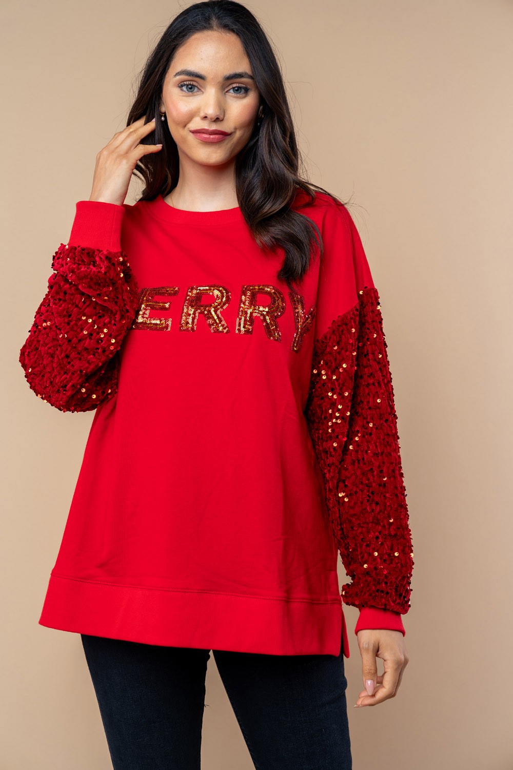 Sequin MERRY Holiday Sweater Top