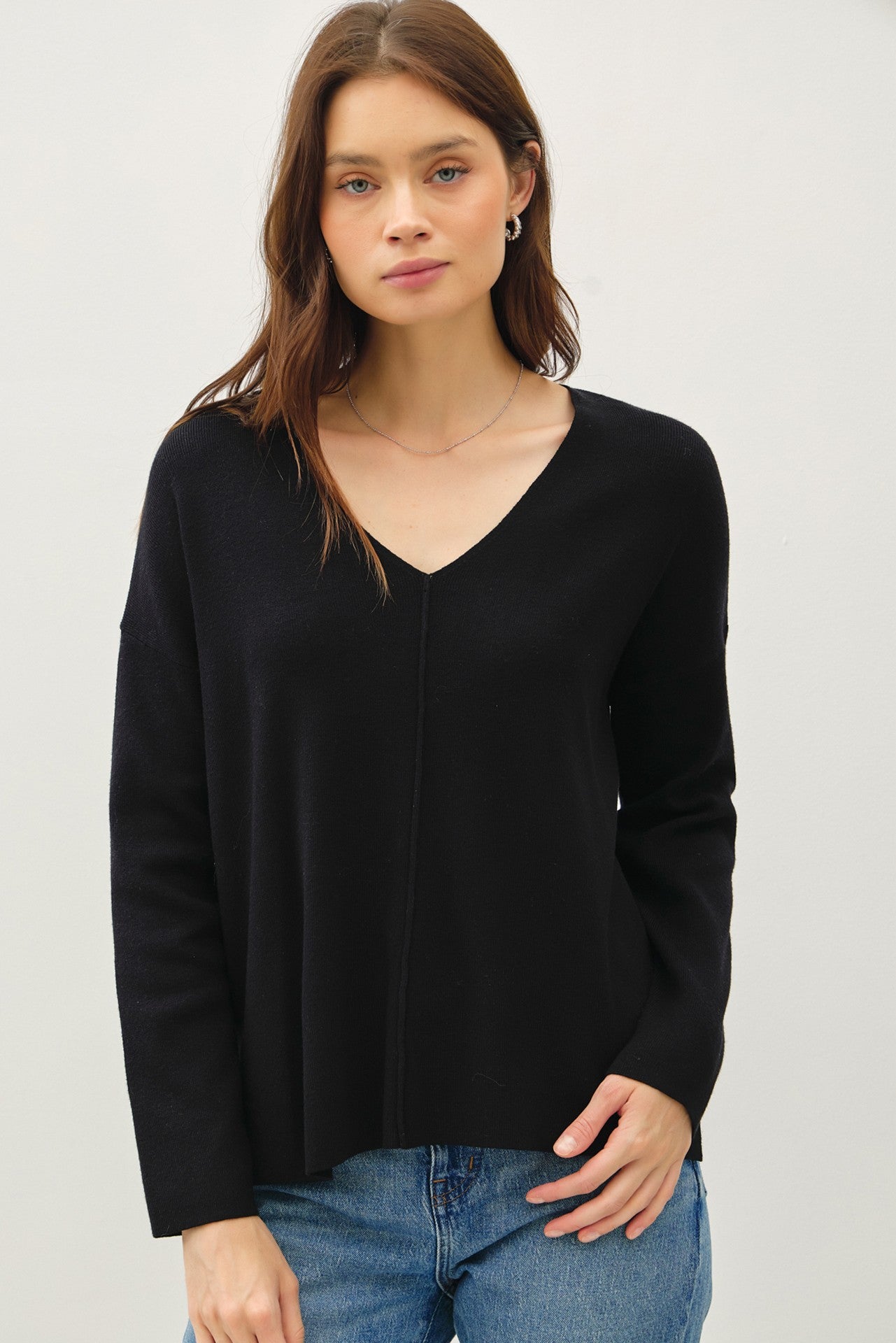 Relaxed V-Neck Sweater w/ Center Seam