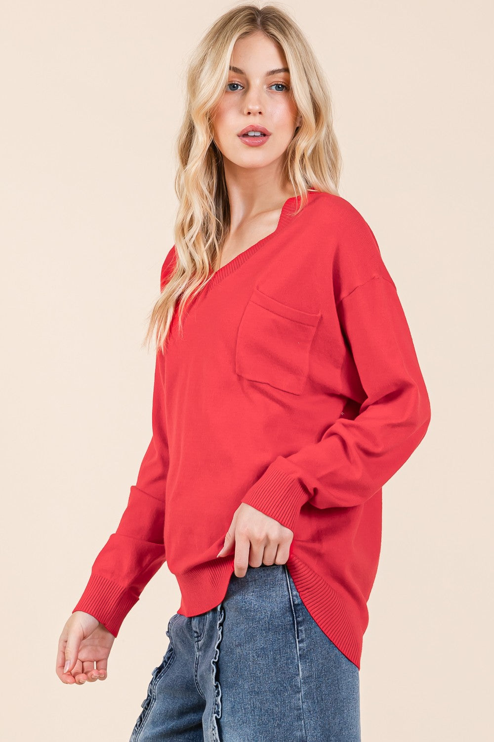 Simple and Perfect Red V-Neck Sweater Top