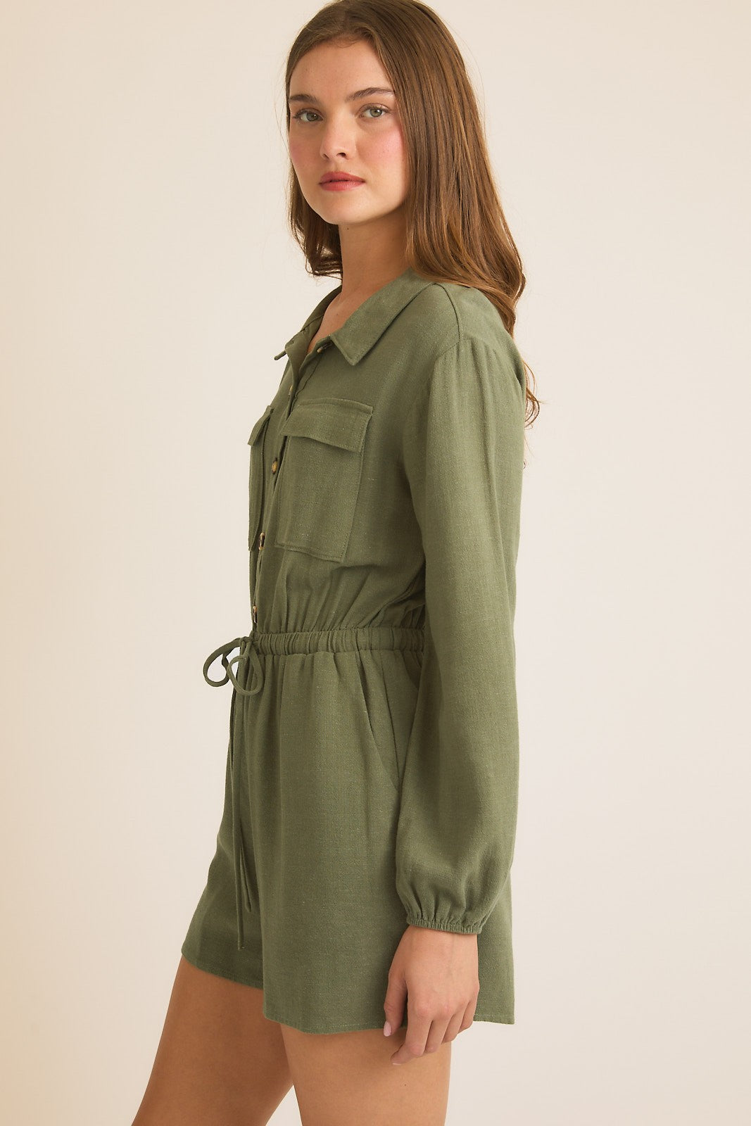 Olive Collar Button Up Long Sleeve Romper | GILLI *30A JANUARY PREORDER